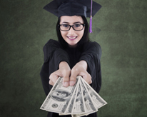 graduate in gown and cap holding a bunch of money