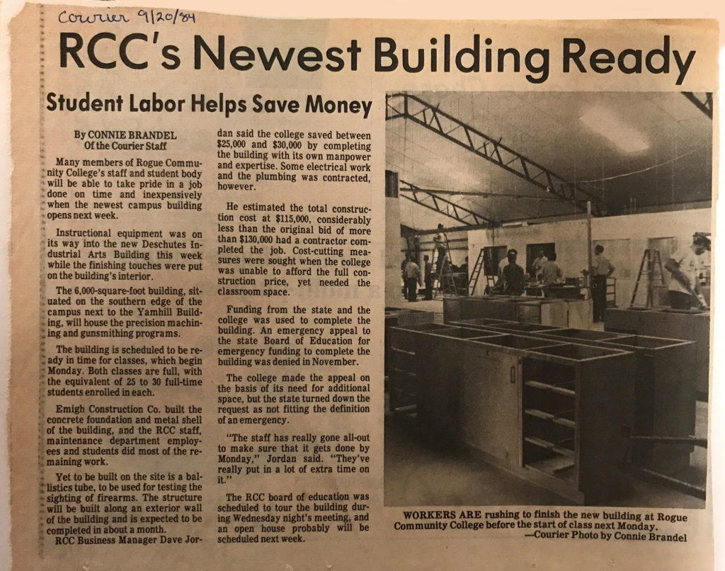 A Grants Pass Daily Courier article from Sept. 1984 details construction of the Deschutes Building.