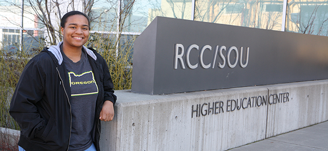 Jaida Ross poses for a picture outside the RCC/SOU Higher Education Center.