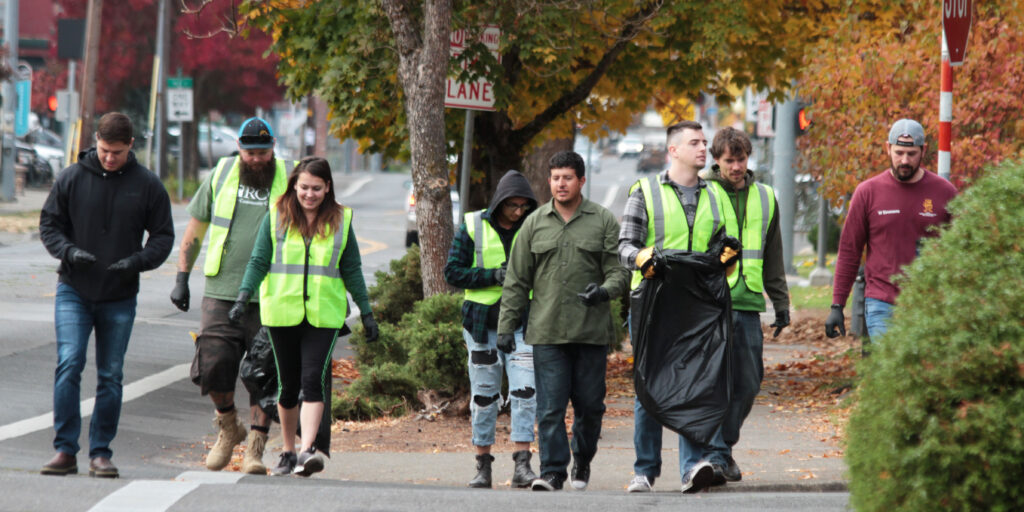 Members of the RCC Student Veterans Organization conduct a volunteer litter patrol
